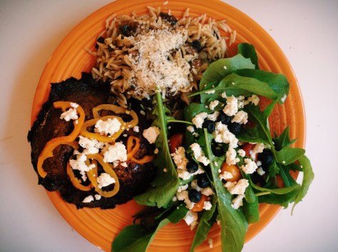 Porcini Orzo with Grilled Portobello Caps and Baby Arugula Salad | Alaska Knit Nat