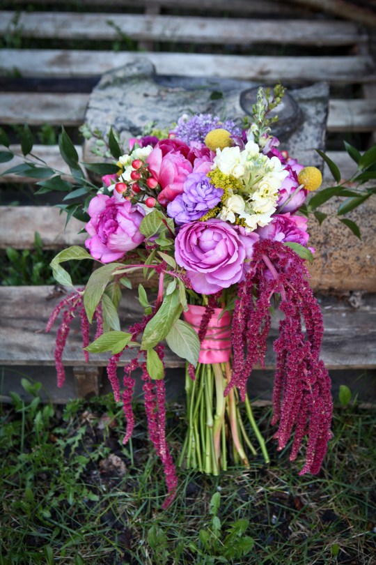 Stock, garden rose, snapdragon, hypericum, solidago, peony, carnation, myrtle, craspedia (billy ball) -- ingredients for a wild, carefree wedding bouquet | by Alaska Knit Nat