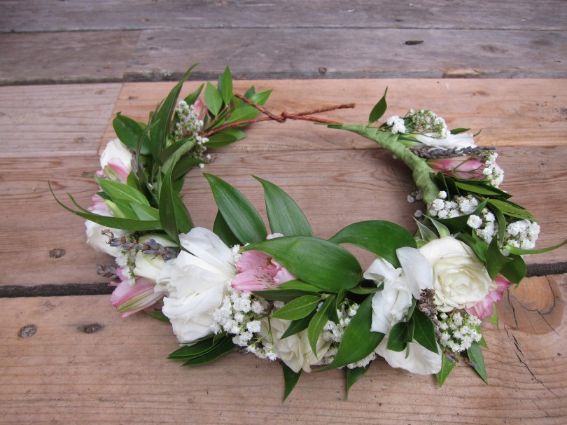 Bridal flower crown with lisianthus, alestroemeria, Italian ruscus, dried lavender, baby's breath and spray roses | Wedding flowers designed by Natasha Price of Alaskaknitnat.com
