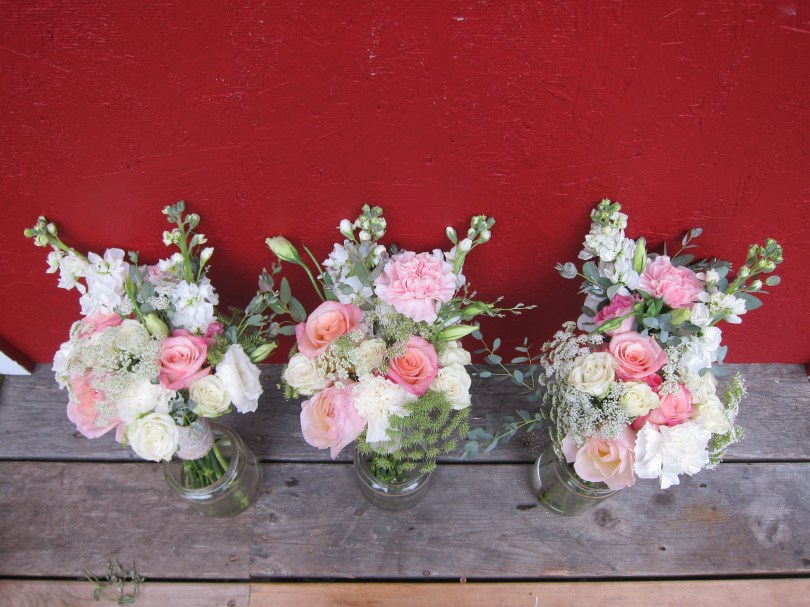 Bridal bouquet with blush garden roses, queen anne's lace, stock, lisianthus, eucalyptus, and spray roses | Wedding flowers designed by Natasha Price of Alaskaknitnat.com