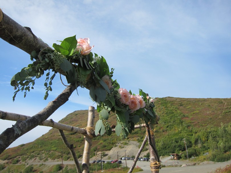 Wedding arch garland made with salal, quecalyptus, baby's breath and blush garden roses | Wedding flowers designed by Natasha Price of Alaskaknitnat.com