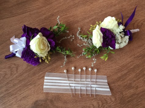 Alaska Winter Wedding | corsages made with white spray roses, statice, sage, mini myrtle, eucalyptus and purple mini carnations. Designed by Natasha Price of Alaskaknitnat.com