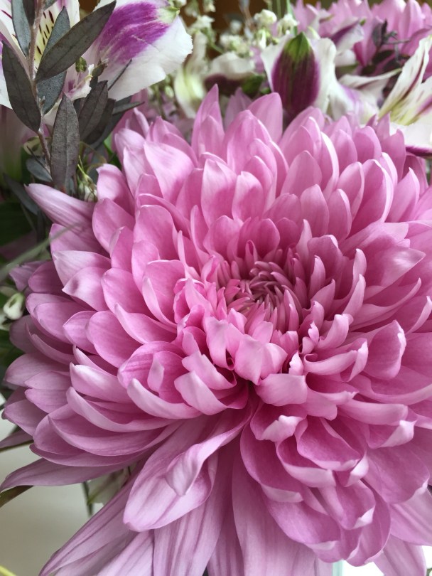 DIY Mother's Day arrangement | Make a beautiful floral centerpiece in just a few simple steps using eucalyptus, baby's breath, alstroemeria and football mums. Tutorial by alaskaknitnat.com