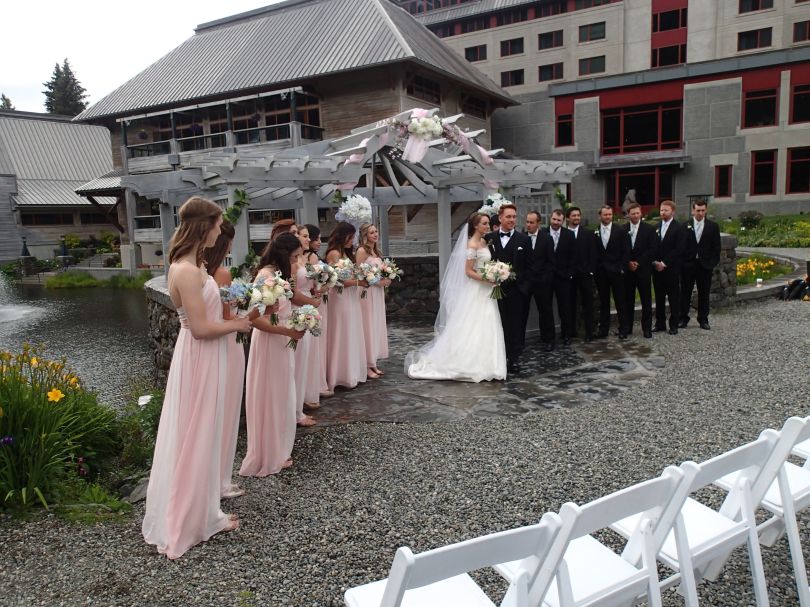 Garden roses, blue hydrangea, lisianthus, baby's breath limonium, seeded eucalyptus and dusty miller | Such a romantic, soft palate for a June wedding. Designed by Natasha Price of Alaskaknitnat.com
