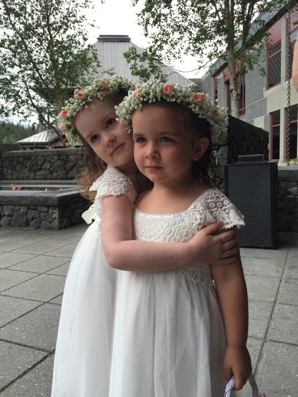 Flower crowns made with baby's breath and spray roses | Lovely flower girls, designed by Natasha Price of Alaskaknitnat.com