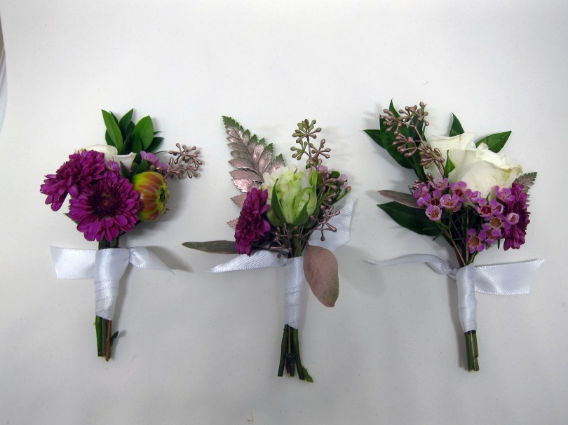 Boutonnieres made with button mums, spray roses, dahlia buds, myrtle, gold eucalyptus, ferns and waxflower | designed by Natasha Price of Alaskaknitnat.com