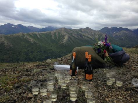Bridal bouquet made with purple anemones, fuchsia ranunculus, blue nigella, purple larkspur, daisies, baby's breath, pink spray roses and seeded eucalyptus | designed by Natasha Price of Alaskaknitnat.com