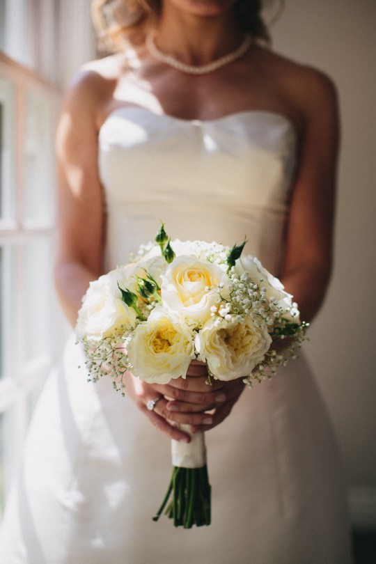 Marin wedding: simple bridal bouquet made with ivory garden roses, peachy white roses, spray roses and baby's breath | Designed by Natasha Price of Alaskaknitnat.com and Evan Falconer of Paper Peony