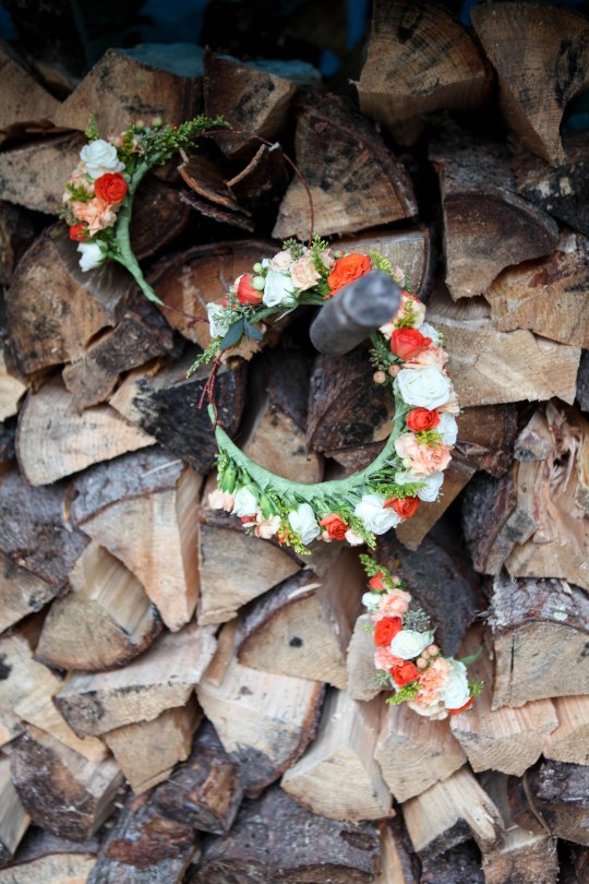 fall flower crown made with spray roses, hypericum berry, seeded eucalyptus, mini carnations and solidago | designed by Natasha Price of Alaskaknitnat.com