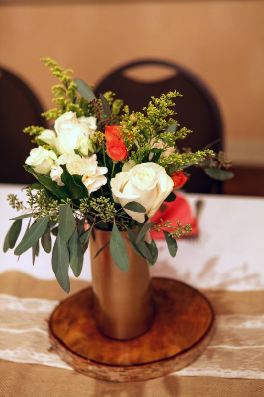 Fall centerpiece made with roses, carnations, solidago and seeded eucalyptus | designed by Natasha Price of alaskasknitnat.com