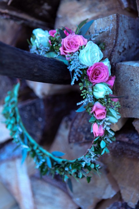 Shabby chic wedding flower crown made with limonium, eucalyptus and spray roses | Designed by Natasha Price of alaskaknitnat.com