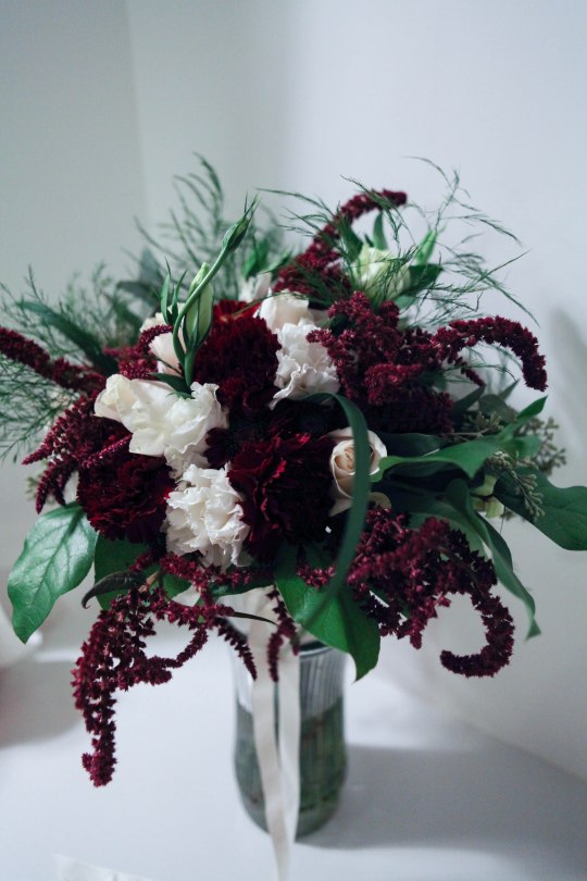 Burgundy and white wedding | a bridal bouquet with carnations, roses, amaranthus, lisianthus, tree fern, eucalyptus and salal. Perfect for a winter wedding. | designed by Natasha Price of alaskaknitnat.com