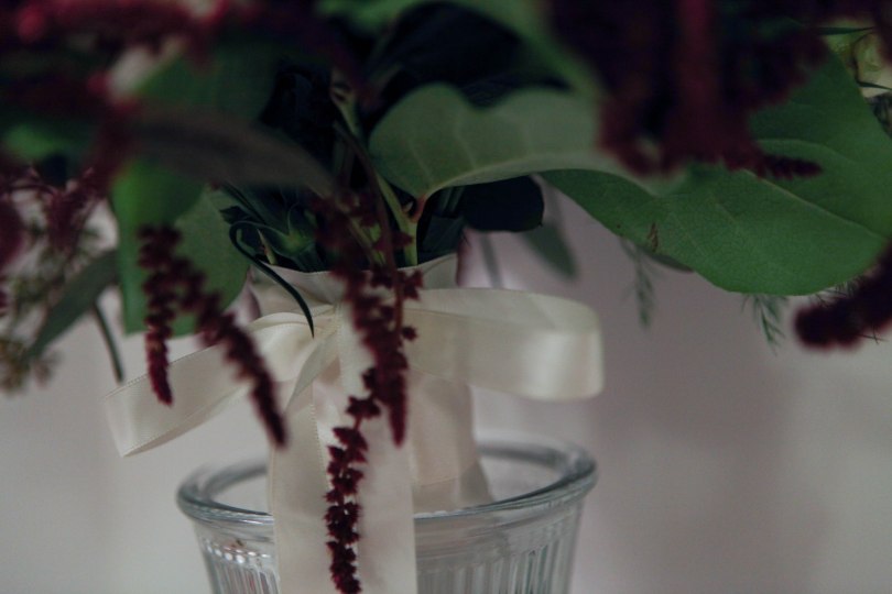 Burgundy and white wedding | a bridal bouquet with carnations, roses, amaranthus, lisianthus, tree fern, eucalyptus and salal. Perfect for a winter wedding. | designed by Natasha Price of alaskaknitnat.com