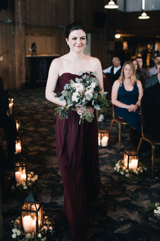 The perfect winter wedding bouquet | roses, stock, waxflower and carnation mixed with eucalyptus. Flowers by Natasha Price and photo by Erica Rose Photography
