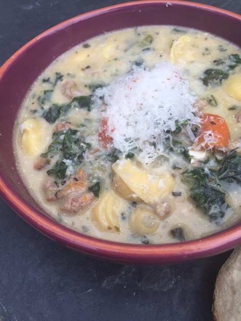 Italian soup with sausage, tortellini, kale and beans | from Alaskaknitnat.com