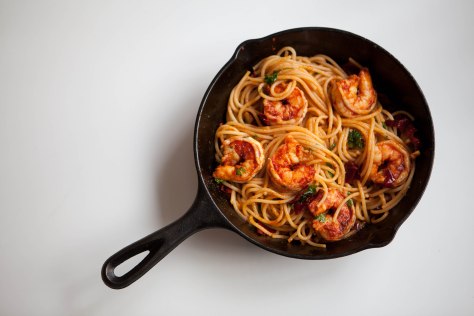 Pasta and shrimp in a paprika chili sauce | A simple dinner recipe from Alaskaknitnat.com