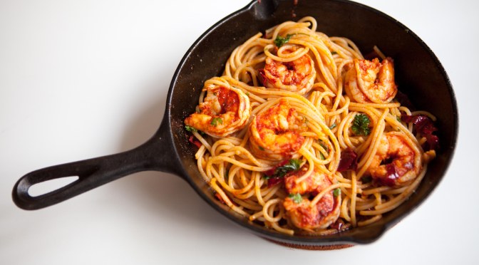 Pasta and shrimp in a paprika chili sauce