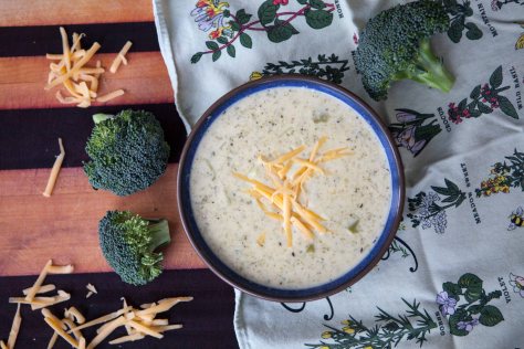 Creamy Broccoli Cheddar Soup with Bacon, Potatoes and White Beans