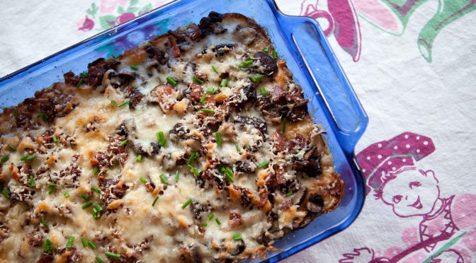 Potatoes au Gratin with Bacon + Mushrooms