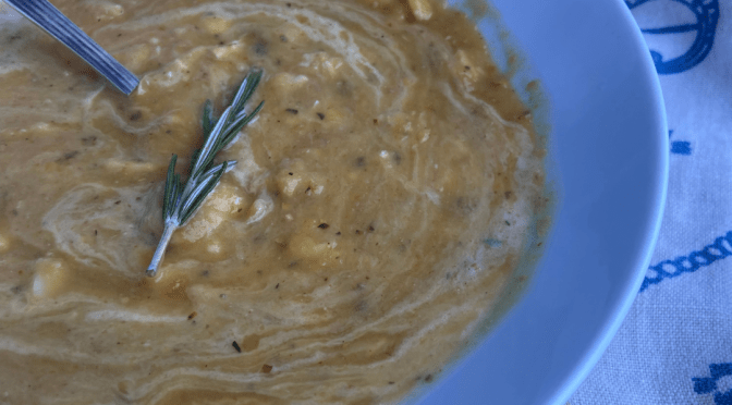 Roasted Delicata Squash Soup with Chicken and Corn